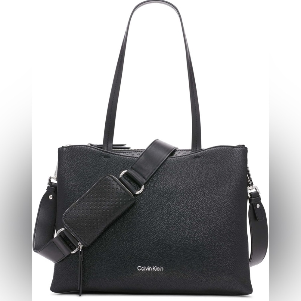 Calvin Klein Women's Crome Embossed Signature Top Zipper Shoulder Bag Black